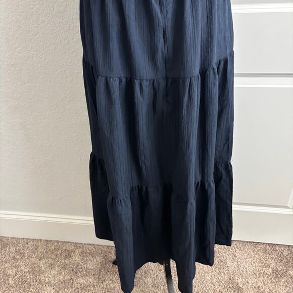 En Saison Milkmaid Smocked Midi Sundress Dress Babydoll Navy Blue Tiered Gauze L - Picture 12 of 13
